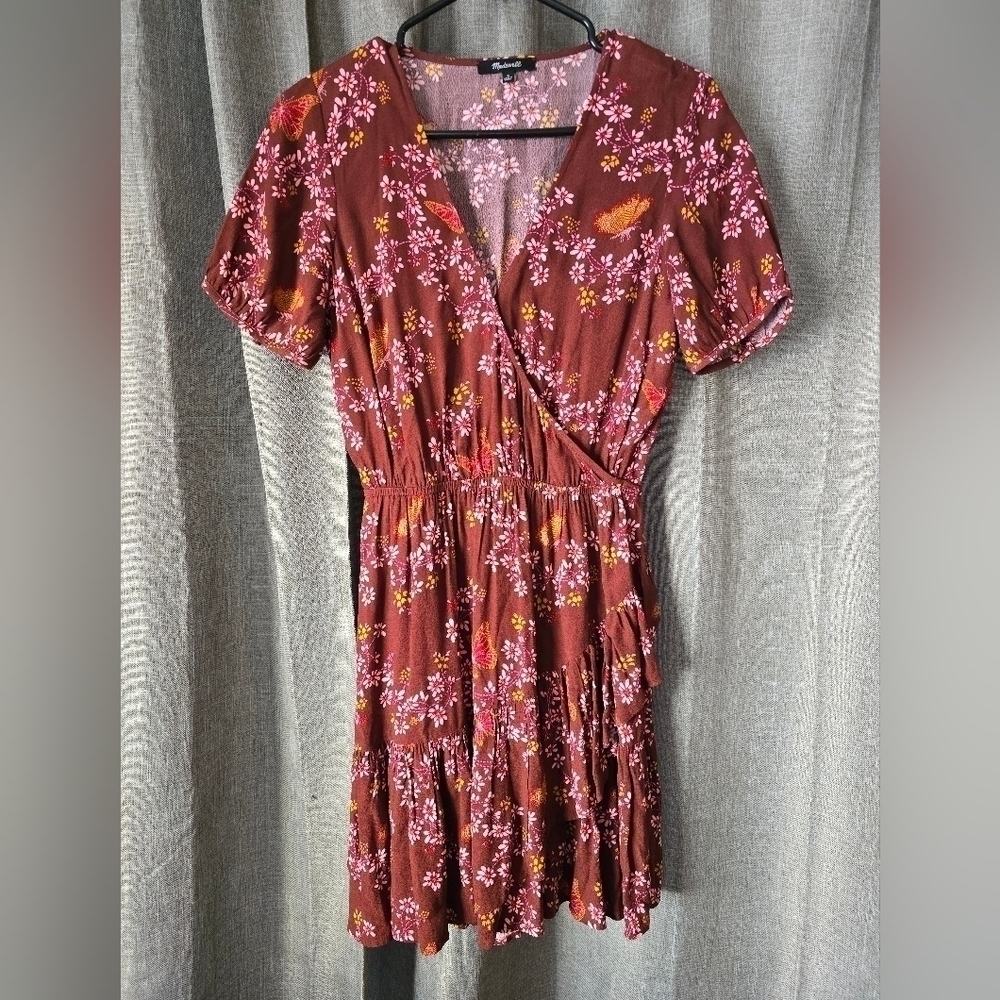 Madewell Ruffle Wrap Dress Womens 0 Windowbox Floral Butterfly Print Waisted